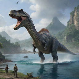 The tranquil island after the airplane crash is further disturbed by the sudden appearance of a majestic Spinosaurus, towering over the landscape with its sail-like spine and sharp teeth, adding an element of prehistoric danger.