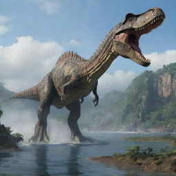 The tranquil island after the airplane crash is further disturbed by the sudden appearance of a majestic Spinosaurus, towering over the landscape with its sail-like spine and sharp teeth, adding an element of prehistoric danger.