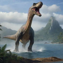 The tranquil island after the airplane crash is further disturbed by the sudden appearance of a majestic Spinosaurus, towering over the landscape with its sail-like spine and sharp teeth, adding an element of prehistoric danger.