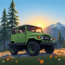 A detailed illustration of a Toyota Bundera, a rugged off-road vehicle, parked in a scenic mountain landscape