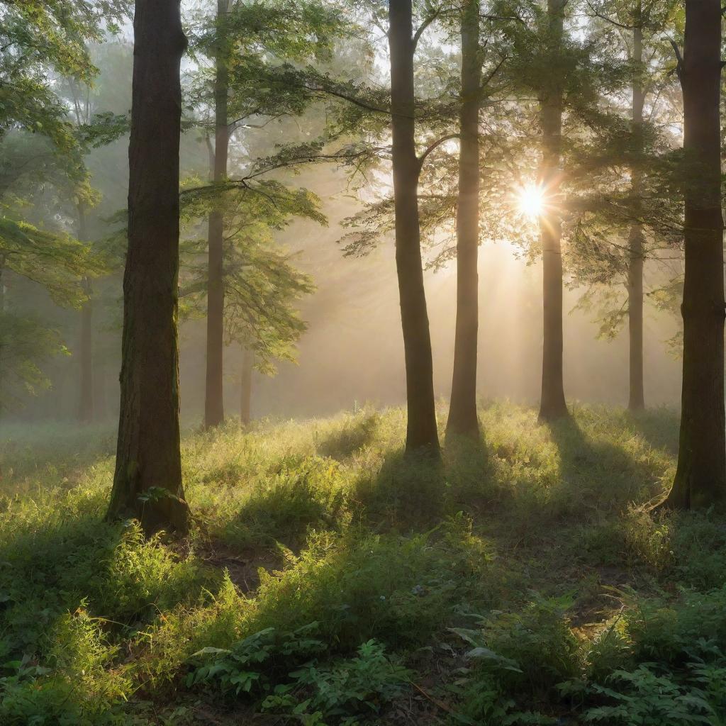 Generate an image of a tranquil forest clearing at sunrise with delicate dewdrops on the leaves and sunlight filtering through the dense canopy.