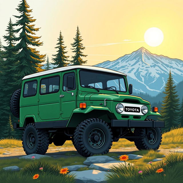 A detailed illustration of a Toyota Bundera, a rugged off-road vehicle, parked in a scenic mountain landscape