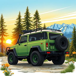 A detailed illustration of a Toyota Bundera, a rugged off-road vehicle, parked in a scenic mountain landscape