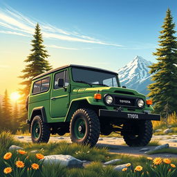 A detailed illustration of a Toyota Bundera, a rugged off-road vehicle, parked in a scenic mountain landscape