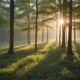 Generate an image of a tranquil forest clearing at sunrise with delicate dewdrops on the leaves and sunlight filtering through the dense canopy.