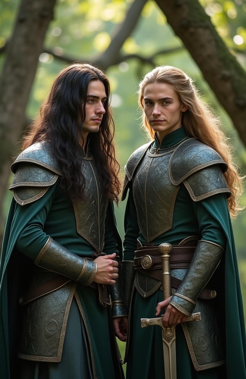 A hyper-realistic live action image of the male elves Elladan and Elrohir from Tolkien's Lord of the Rings