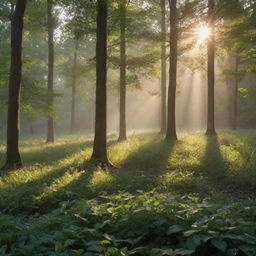 Generate an image of a tranquil forest clearing at sunrise with delicate dewdrops on the leaves and sunlight filtering through the dense canopy.