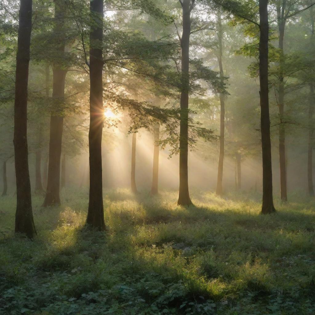 Generate an image of a tranquil forest clearing at sunrise with delicate dewdrops on the leaves and sunlight filtering through the dense canopy.