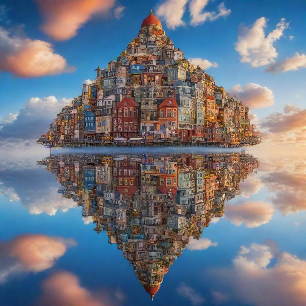 An enchanting, surreal image of a floating city in the sky, bustling with life, and draped in a kaleidoscope of colors from the setting sun, with a backdrop of fluffy clouds and clear blue skies.