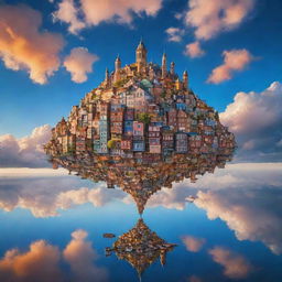 An enchanting, surreal image of a floating city in the sky, bustling with life, and draped in a kaleidoscope of colors from the setting sun, with a backdrop of fluffy clouds and clear blue skies.