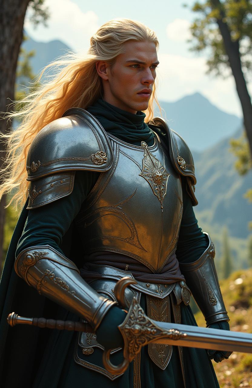 A live action hyper-realistic image of the elf Glorfindel from Tolkien's Lord of the Rings, depicted in full armor