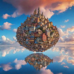 An enchanting, surreal image of a floating city in the sky, bustling with life, and draped in a kaleidoscope of colors from the setting sun, with a backdrop of fluffy clouds and clear blue skies.