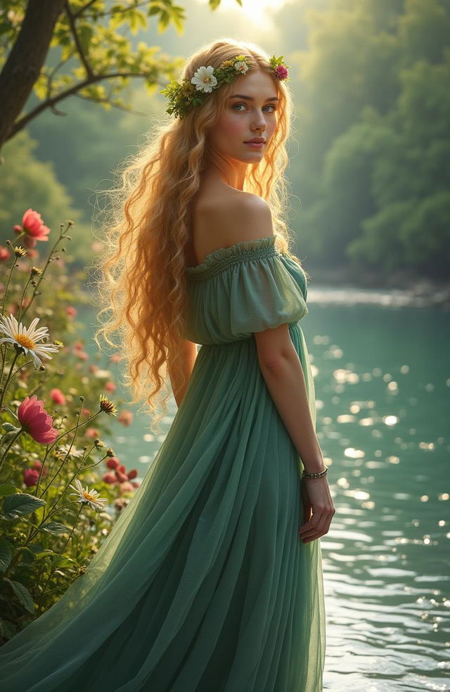 A hyper-realistic image of Goldberry from Tolkien's Lord of the Rings, showcasing her as the River-daughter, embodying the essence of nature and beauty