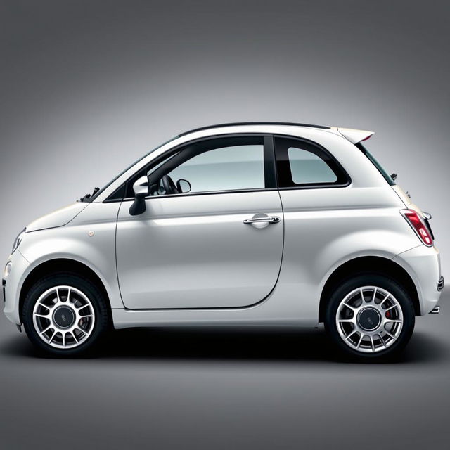 A sleek Fiat 500 Dolcevita with silver wheels, elegantly positioned in a smooth grey background