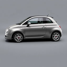 A sleek Fiat 500 Dolcevita with silver wheels, elegantly positioned in a smooth grey background