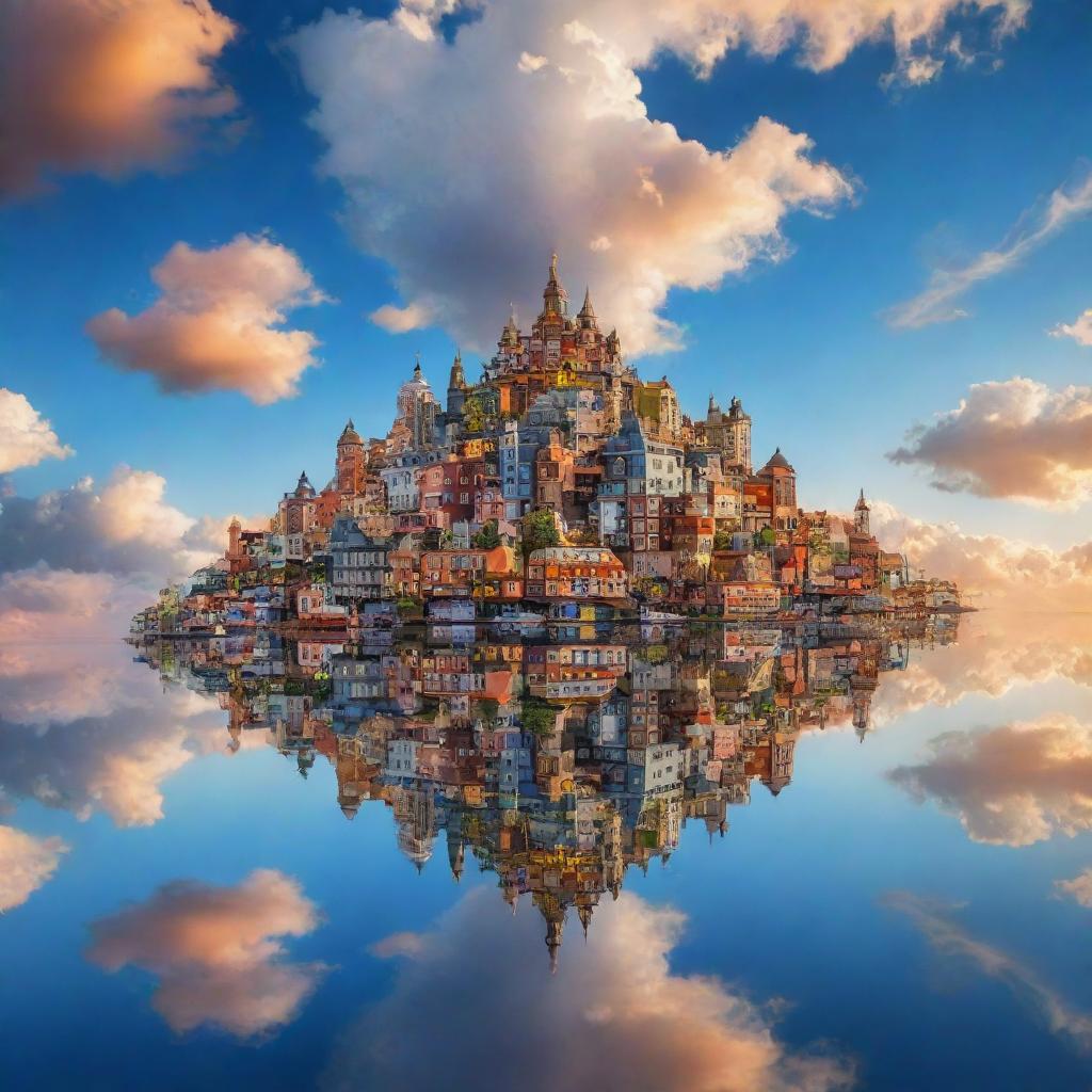 An enchanting, surreal image of a floating city in the sky, bustling with life, and draped in a kaleidoscope of colors from the setting sun, with a backdrop of fluffy clouds and clear blue skies.