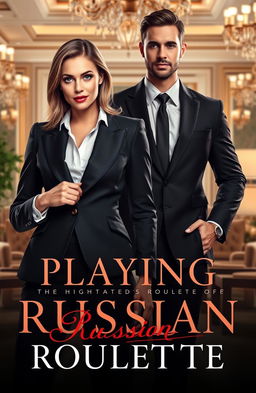 A romance novel cover design titled 'Playing Russian Roulette', featuring a powerful and coldhearted female CEO with a strong, confident presence