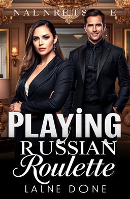 A romance novel cover design titled 'Playing Russian Roulette', featuring a powerful and coldhearted female CEO with a strong, confident presence