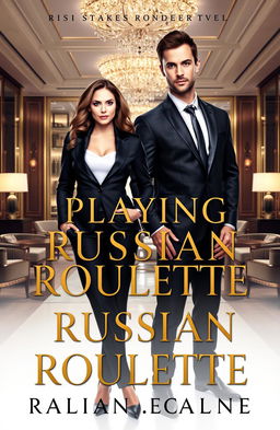 A romance novel cover design titled 'Playing Russian Roulette', featuring a powerful and coldhearted female CEO with a strong, confident presence