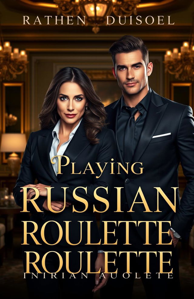 A romance novel cover design titled 'Playing Russian Roulette', featuring a powerful and coldhearted female CEO with a strong, confident presence