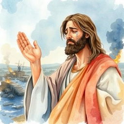 A heartwarming watercolor painting depicting Jesus Christ in a solemn pose, tears streaming down his face as he prays for people suffering from disasters