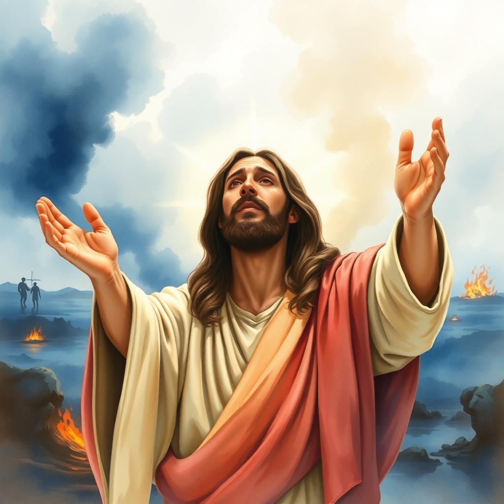 A heartwarming watercolor painting depicting Jesus Christ in a solemn pose, tears streaming down his face as he prays for people suffering from disasters