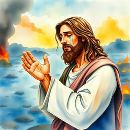 A heartwarming watercolor painting depicting Jesus Christ in a solemn pose, tears streaming down his face as he prays for people suffering from disasters