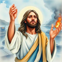 A heartwarming watercolor painting depicting Jesus Christ in a solemn pose, tears streaming down his face as he prays for people suffering from disasters