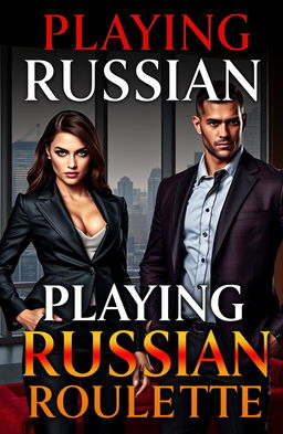 A captivating book cover for a romance novel titled "PLAYING RUSSIAN ROULETTE" featuring a coldhearted female CEO in a stylish, sharp business suit with a fierce expression