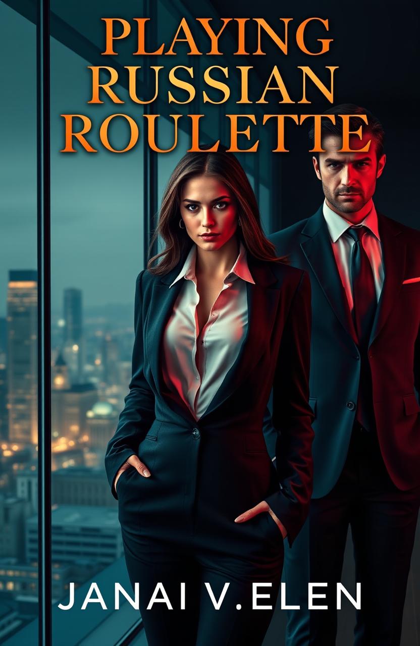 A captivating book cover for a romance novel titled "PLAYING RUSSIAN ROULETTE" featuring a coldhearted female CEO in a stylish, sharp business suit with a fierce expression