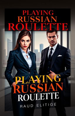 A captivating book cover for a romance novel titled "PLAYING RUSSIAN ROULETTE" featuring a coldhearted female CEO in a stylish, sharp business suit with a fierce expression