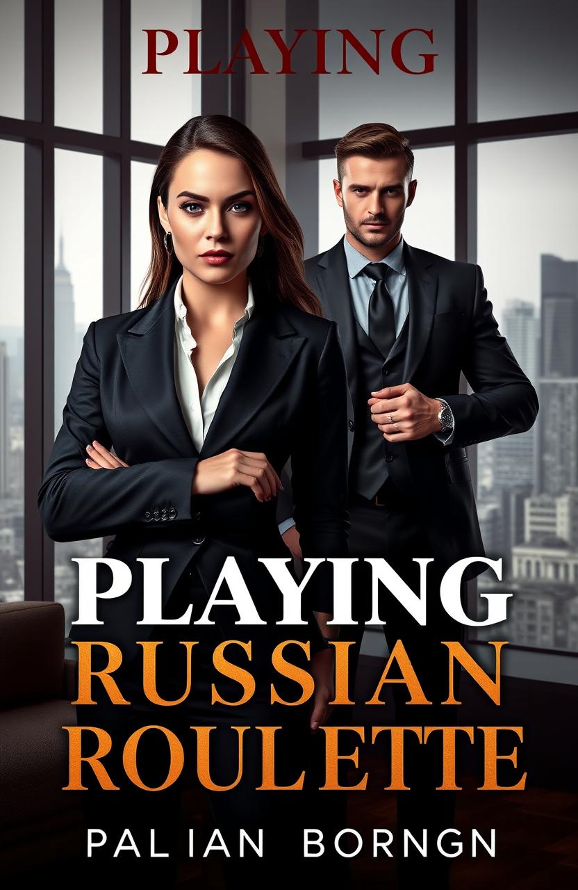 A captivating book cover for a romance novel titled "PLAYING RUSSIAN ROULETTE" featuring a coldhearted female CEO in a stylish, sharp business suit with a fierce expression