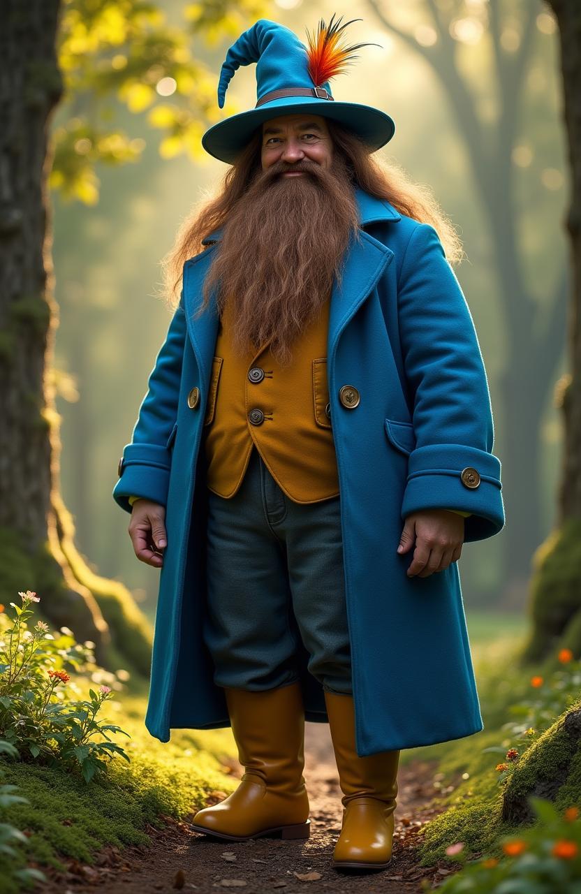 A live action hyper-realistic image of Tom Bombadil, depicted as a 7-foot tall giant