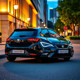 A sleek black Seat Ibiza parked elegantly on a city street at dusk, illuminated by warm streetlights