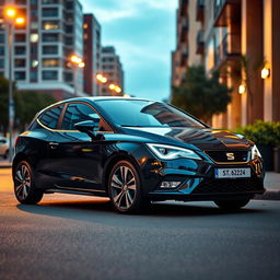 A sleek black Seat Ibiza parked elegantly on a city street at dusk, illuminated by warm streetlights