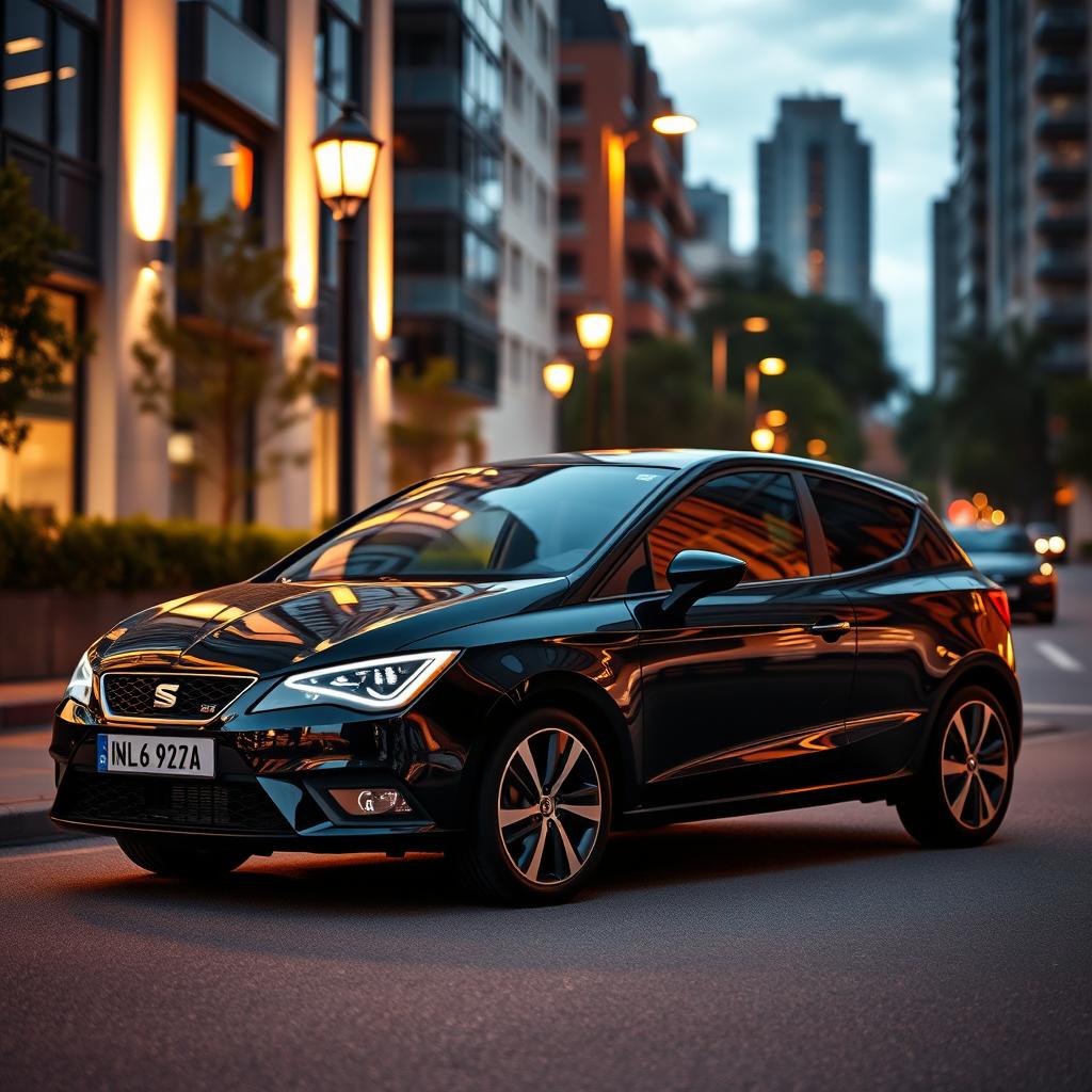 A sleek black Seat Ibiza parked elegantly on a city street at dusk, illuminated by warm streetlights