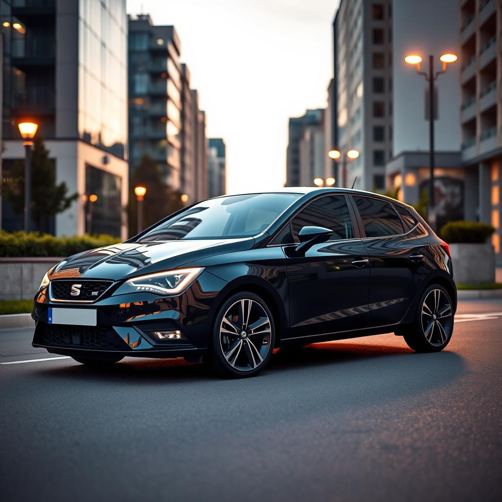 A sleek black Seat Ibiza parked elegantly on a city street at dusk, illuminated by warm streetlights