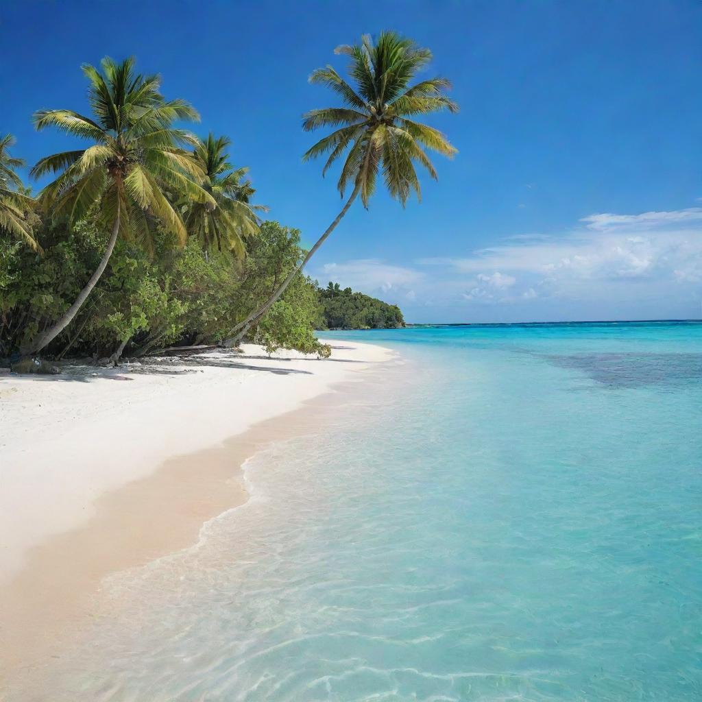 A serene island surrounded by sparkling turquoise water, with lush green palms swaying gently in the breeze and a pristine, white sandy beach under clear blue skies.