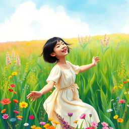 A 27-year-old Asian girl with short hair enjoying herself in a beautiful, vibrant field, surrounded by colorful flowers and lush green grass