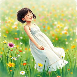 A 27-year-old Asian girl with short hair enjoying herself in a beautiful, vibrant field, surrounded by colorful flowers and lush green grass