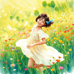 A 27-year-old Asian girl with short hair enjoying herself in a beautiful, vibrant field, surrounded by colorful flowers and lush green grass