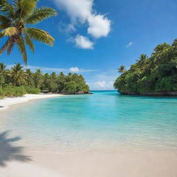 A serene island surrounded by sparkling turquoise water, with lush green palms swaying gently in the breeze and a pristine, white sandy beach under clear blue skies.