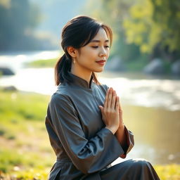 A 30-year-old Asian woman in a tranquil setting, kneeling and praying with her hands together in a gesture of devotion