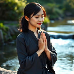 A 30-year-old Asian woman in a tranquil setting, kneeling and praying with her hands together in a gesture of devotion