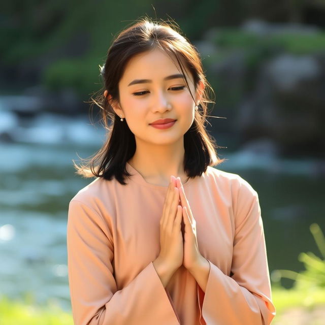 A 30-year-old Asian woman in a tranquil setting, kneeling and praying with her hands together in a gesture of devotion