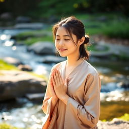 A 30-year-old Asian woman in a tranquil setting, kneeling and praying with her hands together in a gesture of devotion