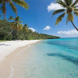 A serene island surrounded by sparkling turquoise water, with lush green palms swaying gently in the breeze and a pristine, white sandy beach under clear blue skies.