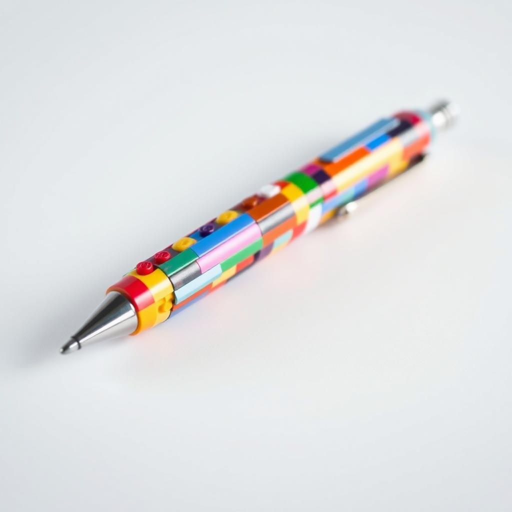 A colorful ballpoint pen created with various LEGO bricks, showcasing a mix of vibrant and random colors