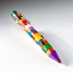 A colorful ballpoint pen created with various LEGO bricks, showcasing a mix of vibrant and random colors