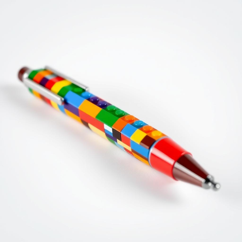 A colorful ballpoint pen created with various LEGO bricks, showcasing a mix of vibrant and random colors